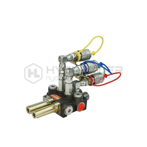 Hydraulický rozdeľovač 2 sekcie 40L/min so sadou euro zásuviek, ovládaný lankami a joystickom